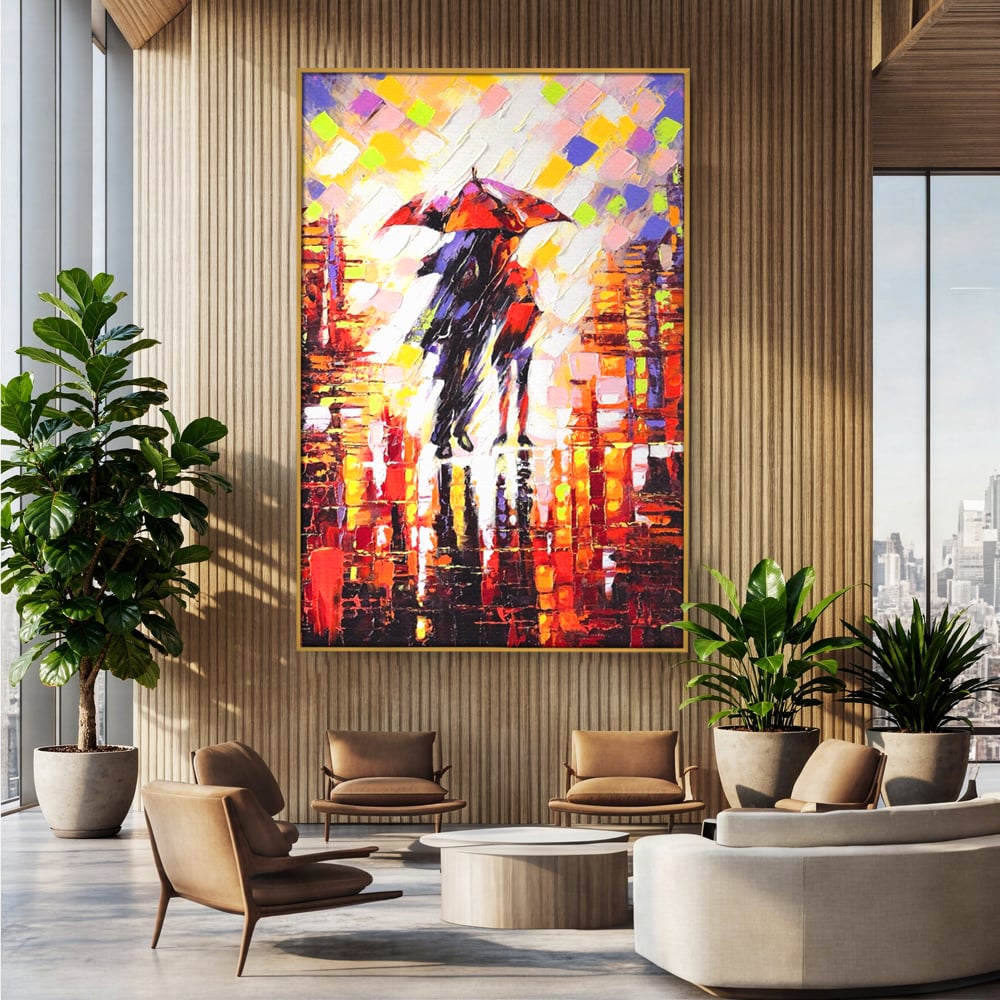 Tablou canvas cu tablou canvas cu cuplu sub umbrela, in rama de aluminiu auriu, pe perete intr-un birou